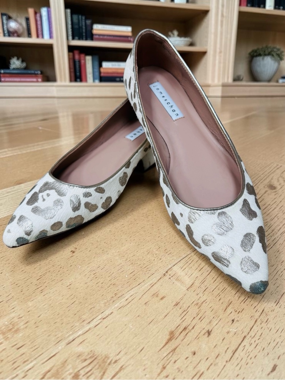James Chan | Pointed Toe Flats | Hair-on-Hide | Soft White and Champagne | 9